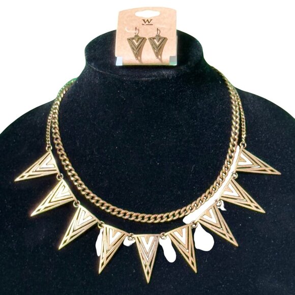 W Necklace Earring Set Triangle Pendants Geometric Design Double Chain Gold-Tone - Picture 14 of 14